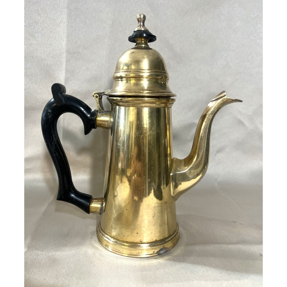 VTG BRASS COFFEE/TEA POT 8.5" T BLACK COATED‎ HANDLE (2506)